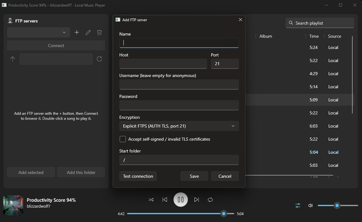 Dialogen “Add FTP server” med navn, host, port, login, kryptering og startmappe