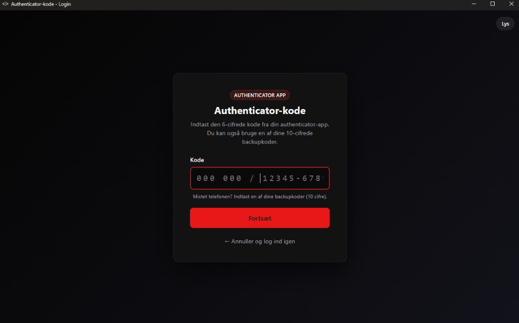 Authenticator-kode-trin i Minside Admin desktop-klienten
