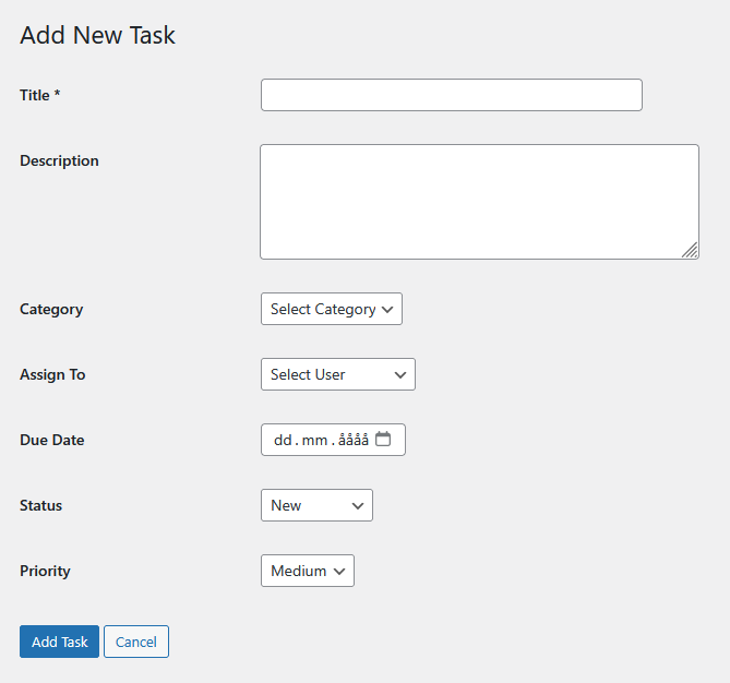 Task Manager-plugin  -  opgaveliste eller redigeringsskærm
